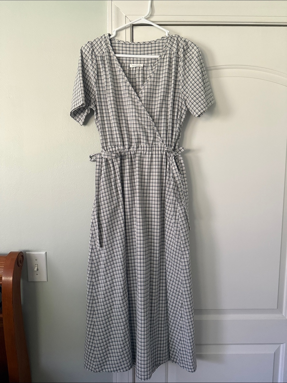 Neuflora Fort Meyers Gray and Blue Plaid Wrap Midi Dress Classic Everyday Style